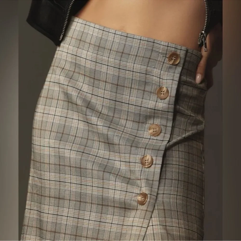porridge x Anthropologie L Neutral Motif Button Side Plaid Midi Skirt - Picture 5 of 16